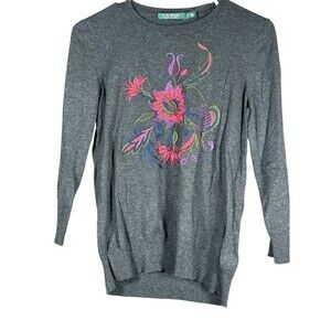 Lauren Ralph Lauren Gray Floral Embroidered Cotton Modal Sweater Women’s M